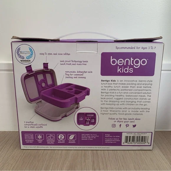 New Bentgo Kids Lunch Box 5 Compartments Leak Proof Bento Style Purple - Picture 2 of 6